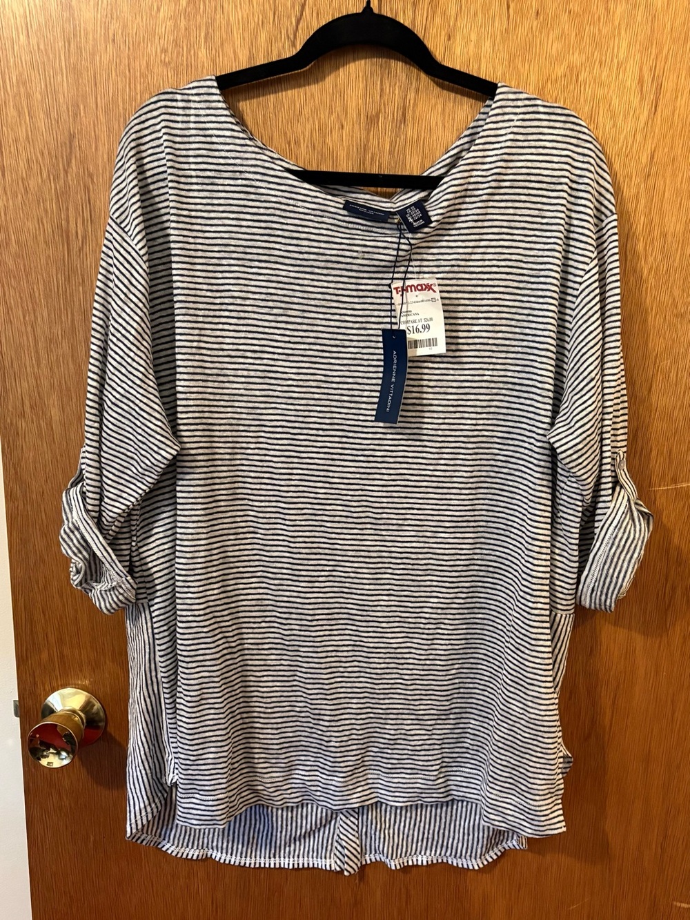 Adrienne Vittadini Navy & White Striped 100% Linen Roll-Tab Sleeve Top NWT